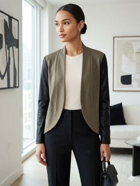 Express Olive Green Open Front Cardigan with Black Sleeves